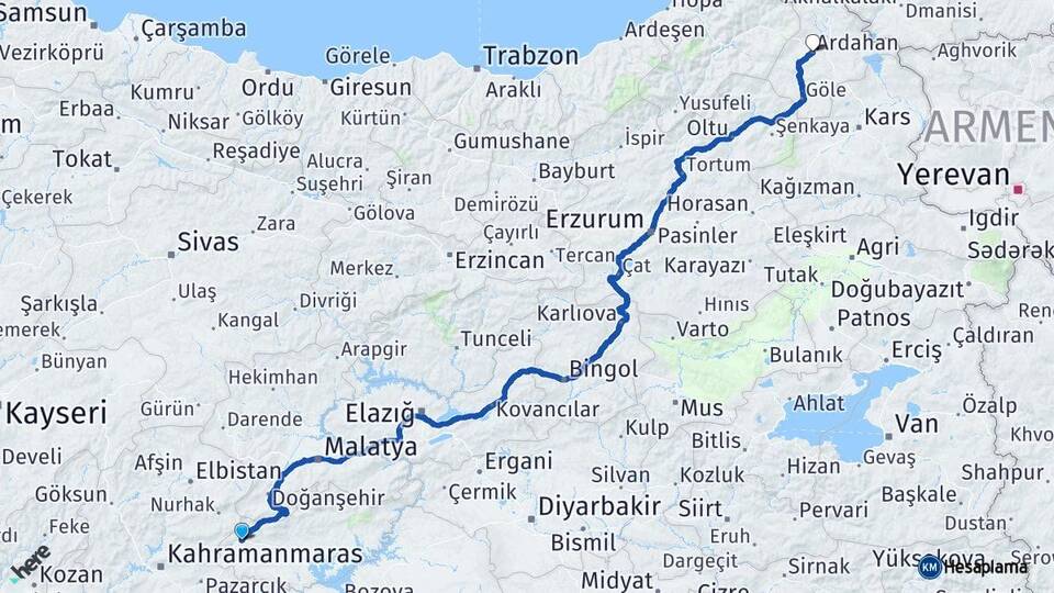 Adıyaman Gölbaşı Ardahan Arası Kaç Km - Yol Haritası