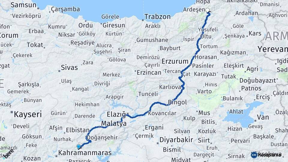 Adıyaman Gölbaşı Artvin Arası Kaç Km - Yol Haritası