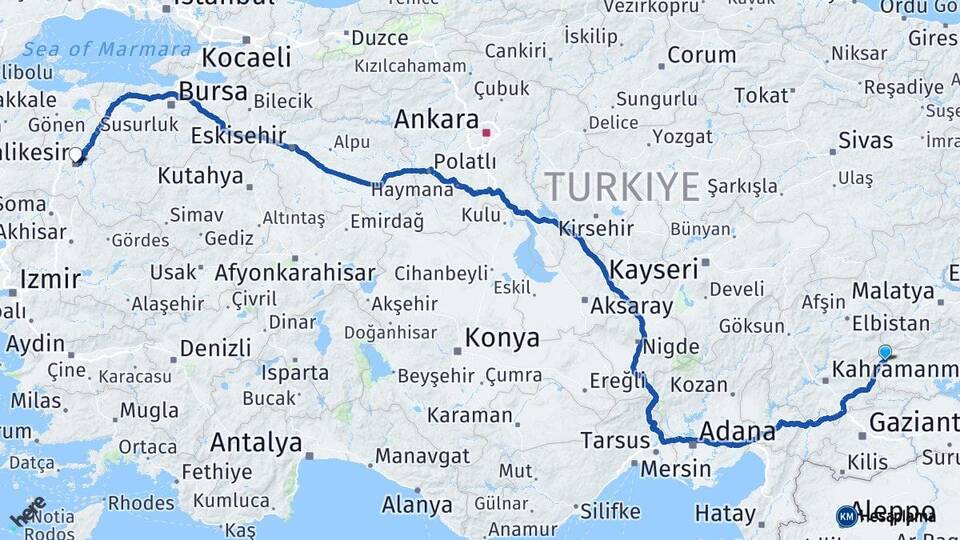 Adıyaman Gölbaşı Balıkesir Arası Kaç Km - Yol Haritası