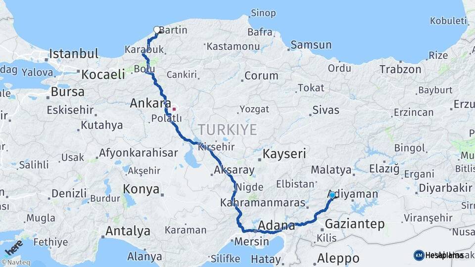 Adıyaman Gölbaşı Bartın Arası Kaç Km - Yol Haritası
