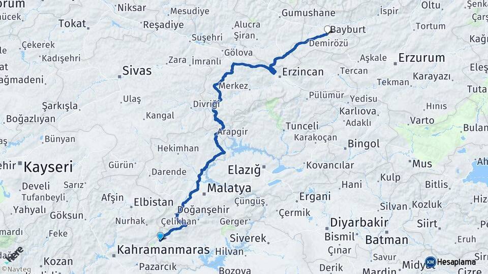 Adıyaman Gölbaşı Bayburt Arası Kaç Km - Yol Haritası