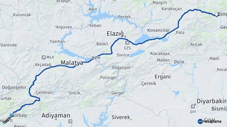 Adıyaman Gölbaşı Bingöl Arası Kaç Km - Yol Haritası