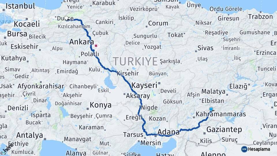Adıyaman Gölbaşı Bolu Arası Kaç Km - Yol Haritası