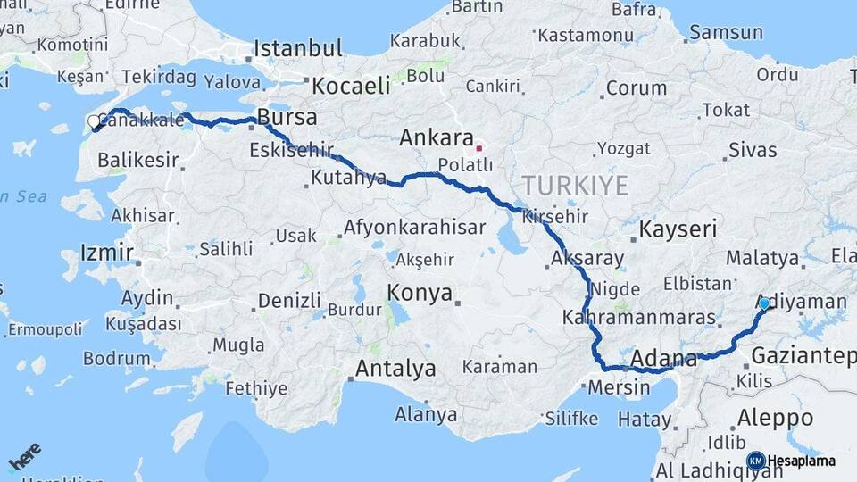Adıyaman Gölbaşı Çanakkale Arası Kaç Km - Yol Haritası