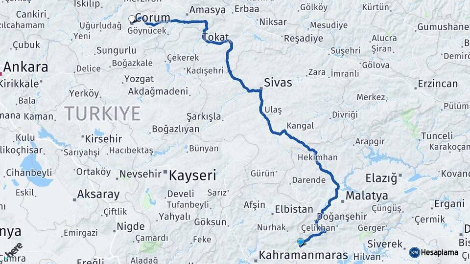 Adıyaman Gölbaşı Çorum Arası Kaç Km - Yol Haritası