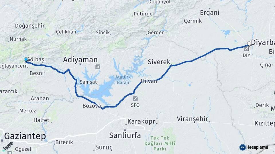 Adıyaman Gölbaşı Diyarbakır Arası Kaç Km - Yol Haritası