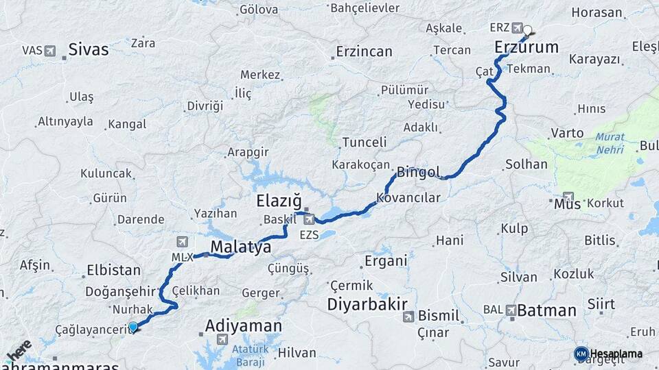 Adıyaman Gölbaşı Erzurum Arası Kaç Km - Yol Haritası