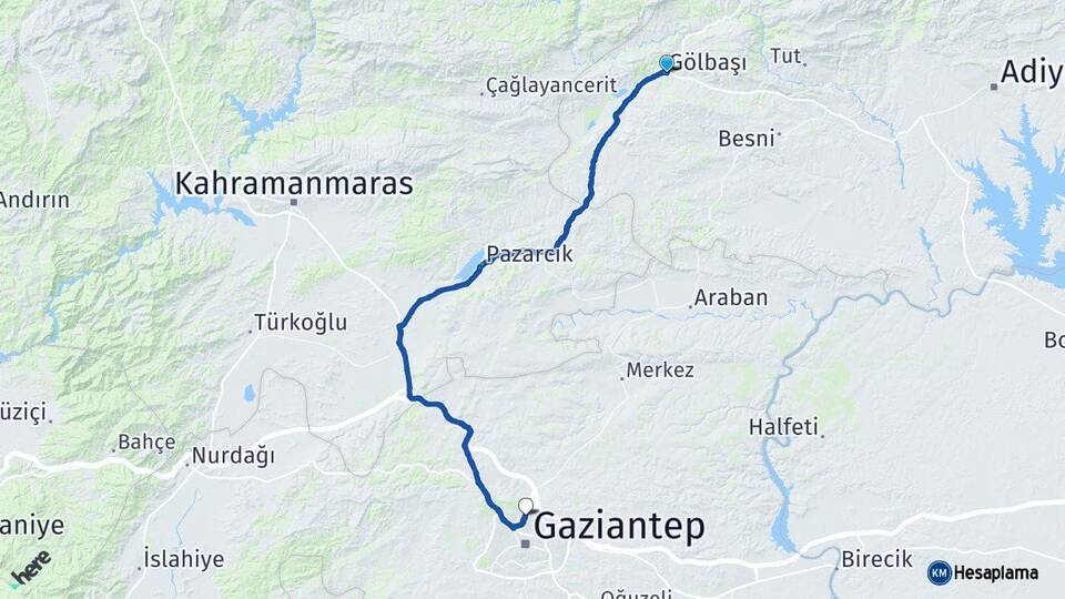 Adıyaman Gölbaşı Gaziantep Arası Kaç Km - Yol Haritası