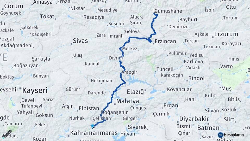 Adıyaman Gölbaşı Gümüşhane Arası Kaç Km - Yol Haritası