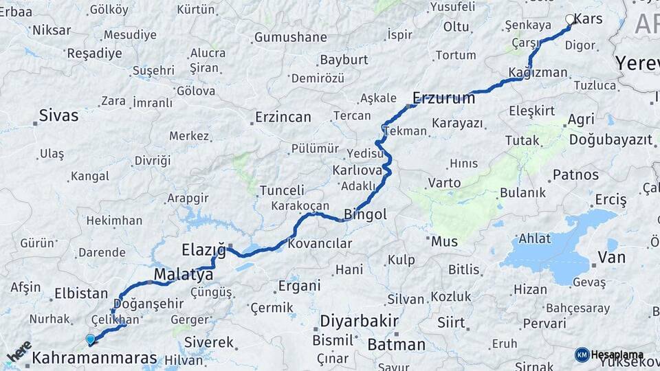 Adıyaman Gölbaşı Kars Arası Kaç Km - Yol Haritası