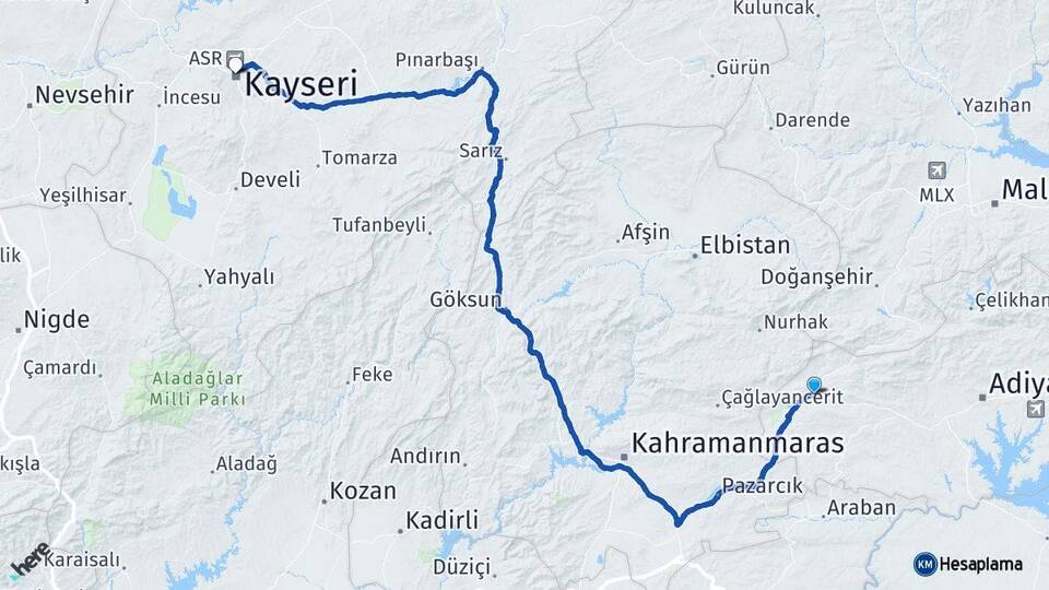 Adıyaman Gölbaşı Kayseri Arası Kaç Km - Yol Haritası