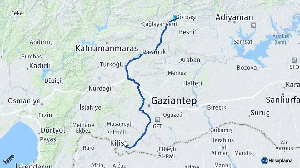 Adıyaman Gölbaşı Kilis Arası Kaç Km - Yol Haritası