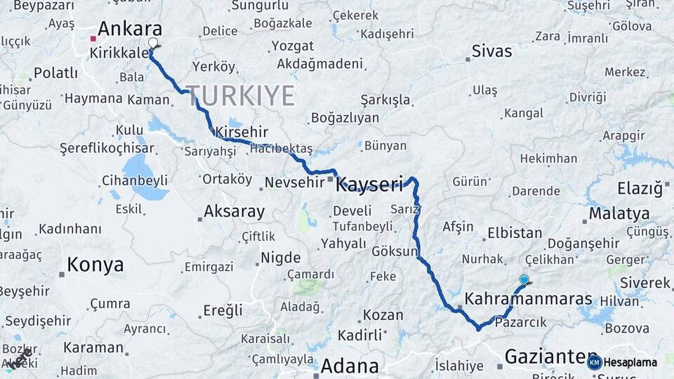 Adıyaman Gölbaşı Kırıkkale Arası Kaç Km - Yol Haritası