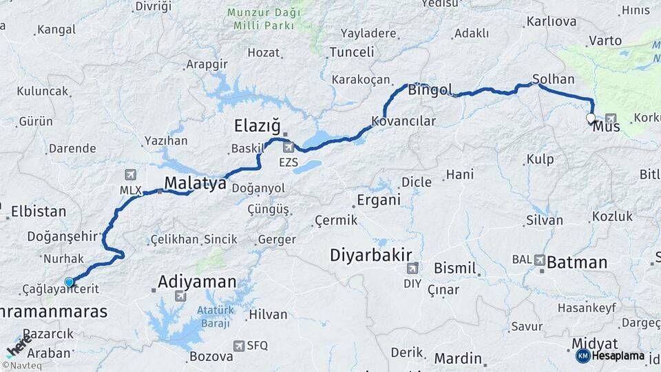 Adıyaman Gölbaşı Muş Arası Kaç Km - Yol Haritası