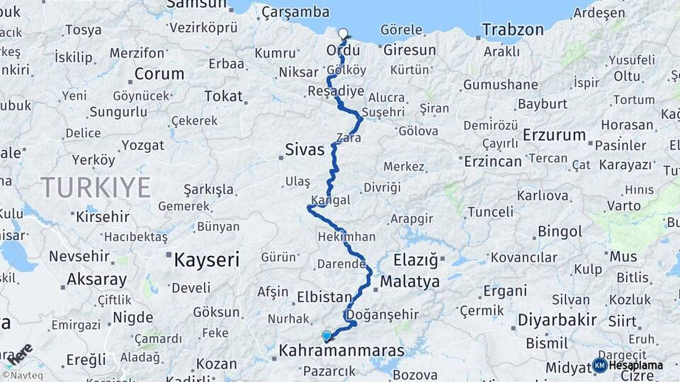 Adıyaman Gölbaşı Ordu Arası Kaç Km - Yol Haritası