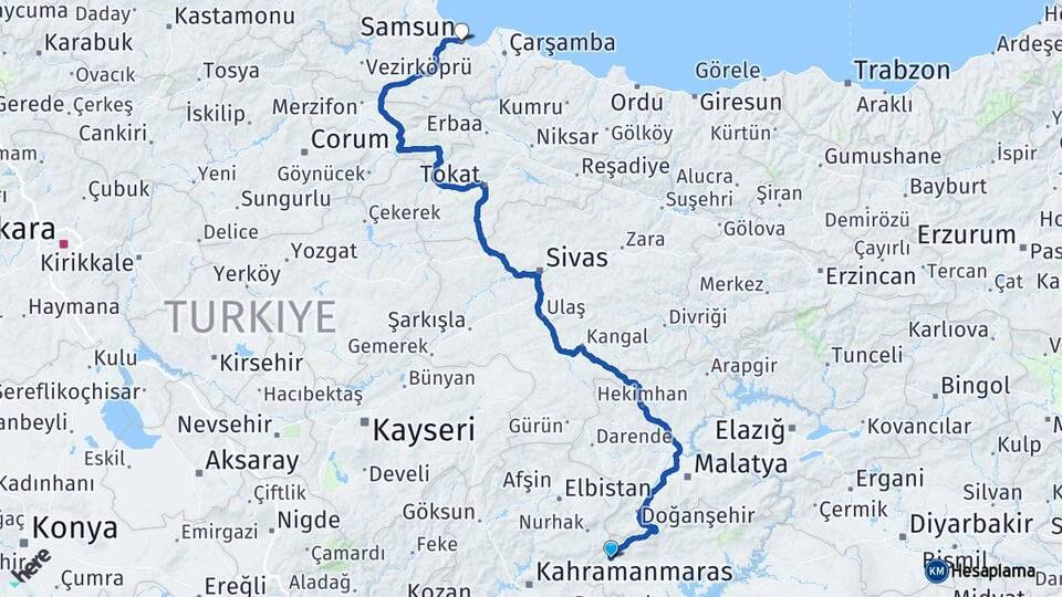 Adıyaman Gölbaşı Samsun Arası Kaç Km - Yol Haritası