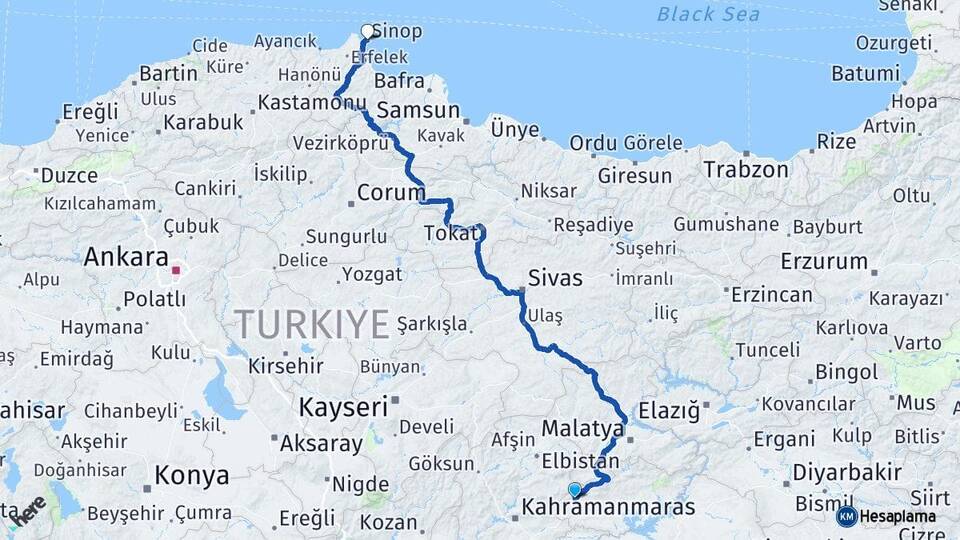Adıyaman Gölbaşı Sinop Arası Kaç Km - Yol Haritası