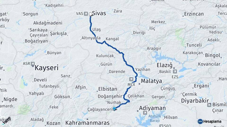 Adıyaman Gölbaşı Sivas Arası Kaç Km - Yol Haritası
