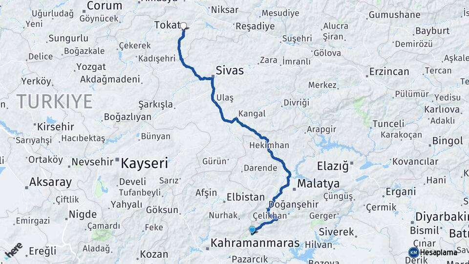 Adıyaman Gölbaşı Tokat Arası Kaç Km - Yol Haritası
