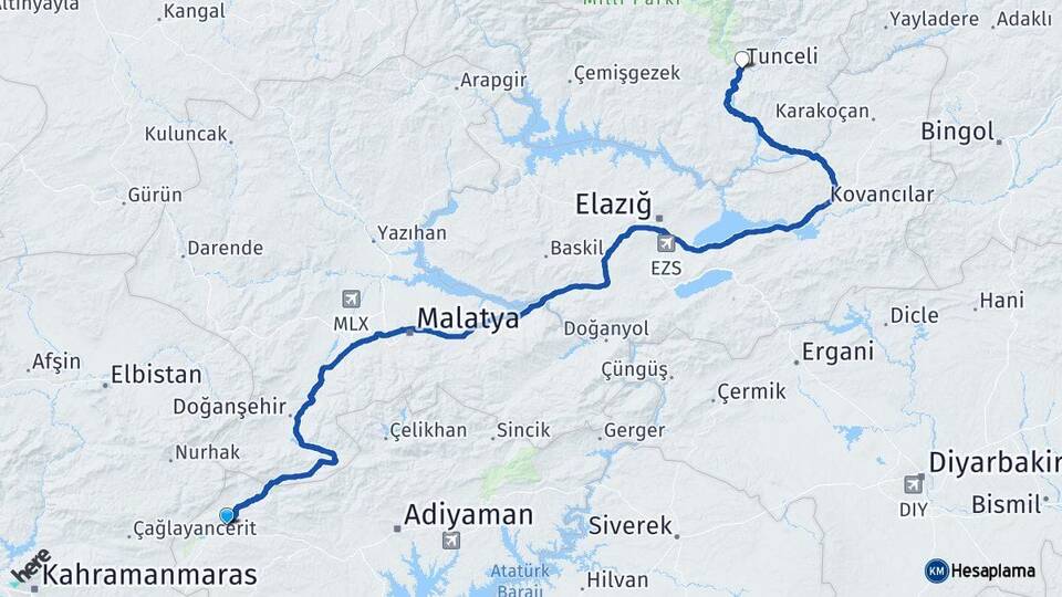 Adıyaman Gölbaşı Tunceli Arası Kaç Km - Yol Haritası