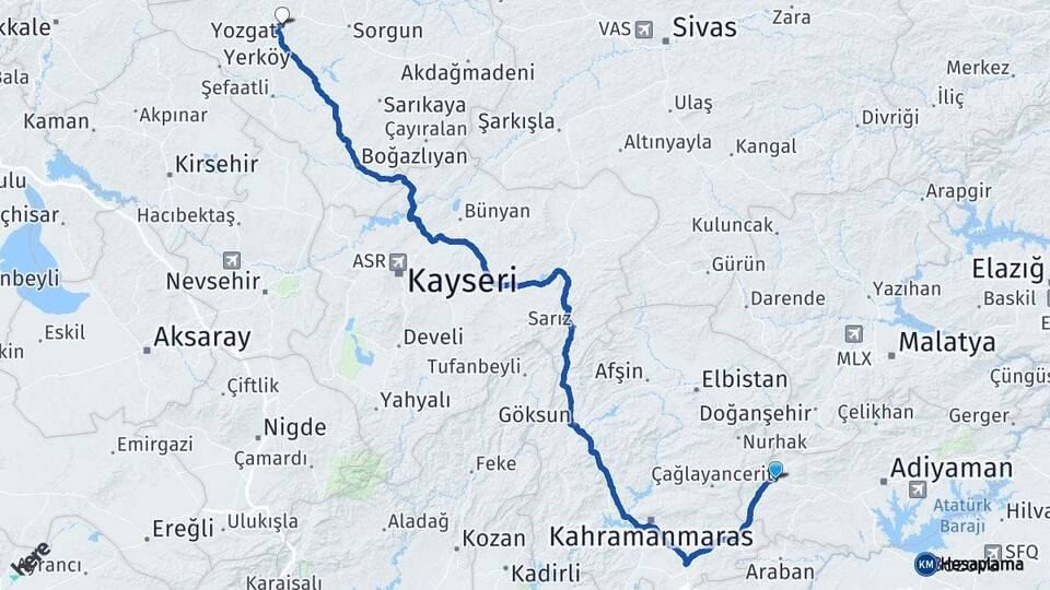 Adıyaman Gölbaşı Yozgat Arası Kaç Km - Yol Haritası
