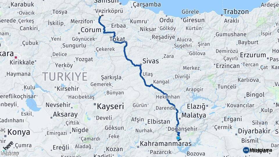 Adıyaman Havza Samsun Arası Kaç Km - Yol Haritası