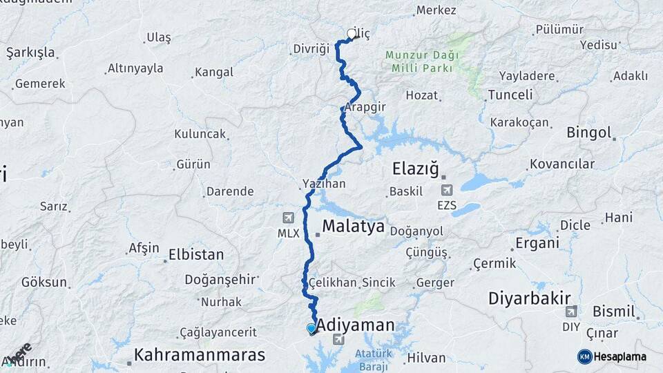 Adıyaman İliç Erzincan Arası Kaç Km - Yol Haritası