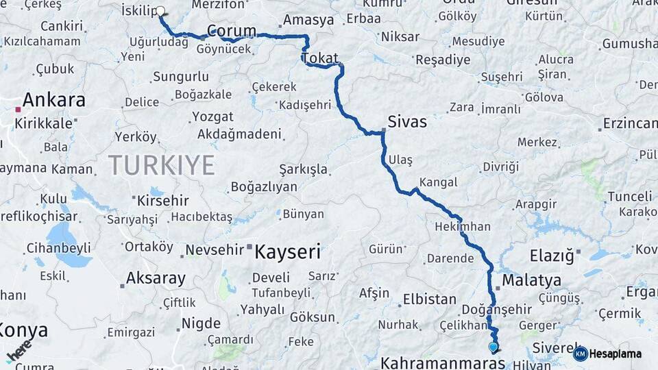 Adıyaman İskilip Çorum Arası Kaç Km - Yol Haritası