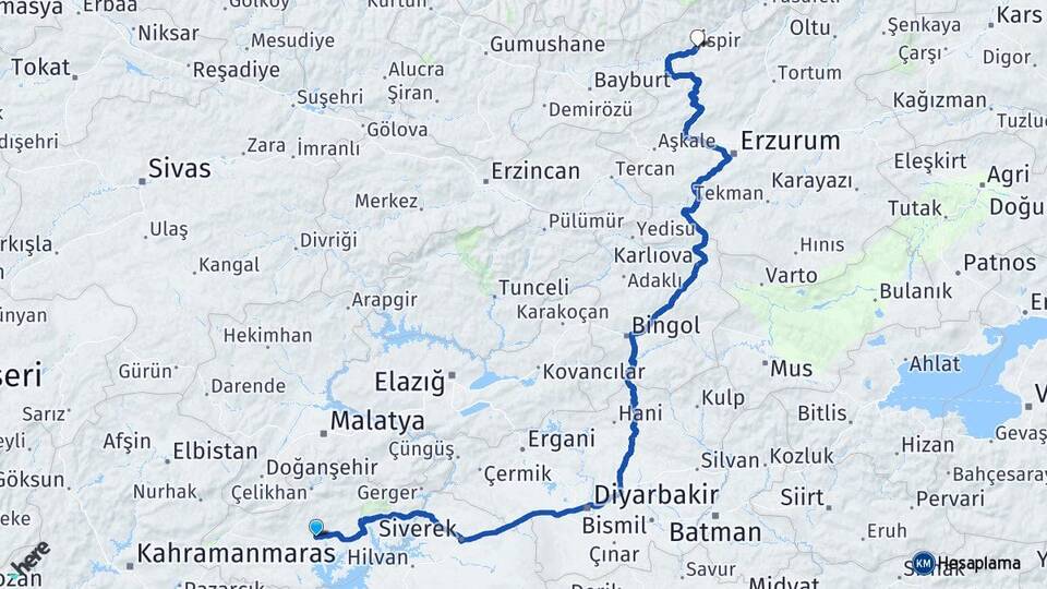 Adıyaman İspir Erzurum Arası Kaç Km - Yol Haritası