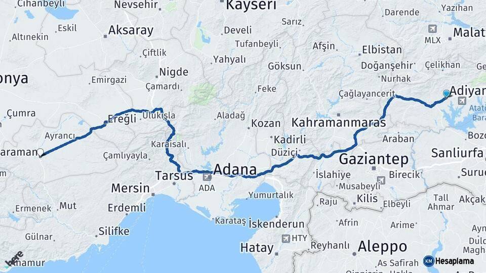 Adıyaman Karaman Arası Kaç Km - Yol Haritası