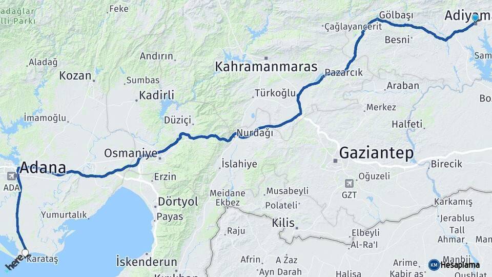 Adıyaman Karataş Adana Arası Kaç Km - Yol Haritası