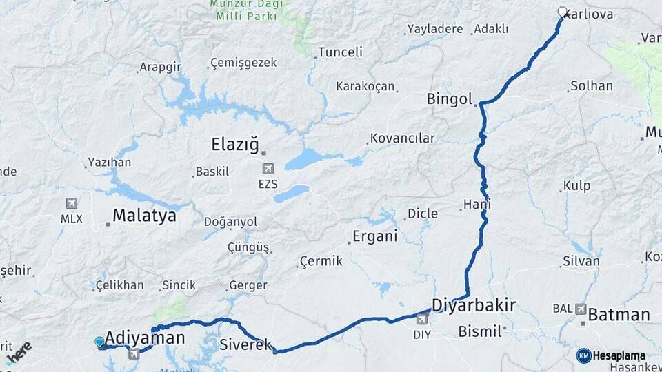 Adıyaman Karlıova Bingöl Arası Kaç Km - Yol Haritası