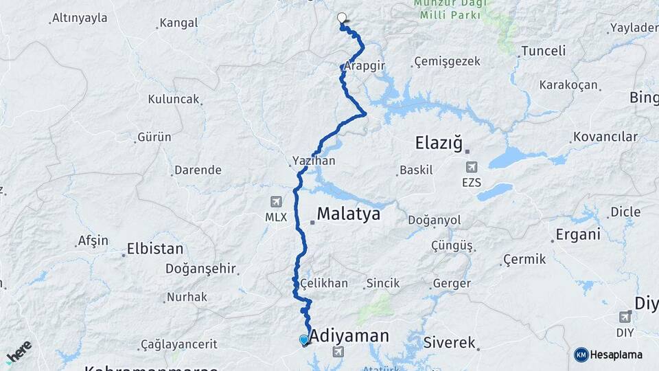 Adıyaman Kemaliye Erzincan Arası Kaç Km - Yol Haritası