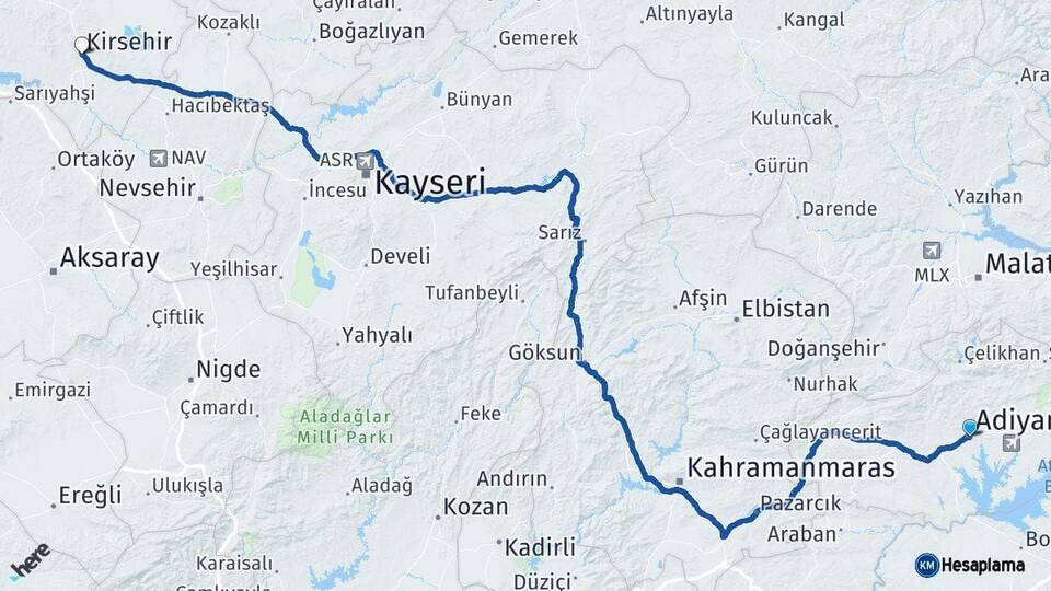 Adıyaman Kırşehir Arası Kaç Km - Yol Haritası