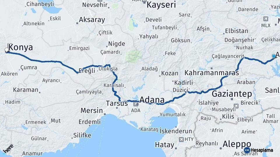 Adıyaman Konya Arası Kaç Km - Yol Haritası