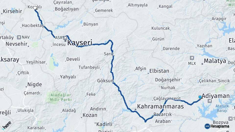 Adıyaman Kozaklı Nevşehir Arası Kaç Km - Yol Haritası