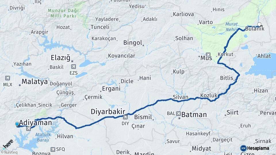 Adıyaman Malazgirt Muş Arası Kaç Km - Yol Haritası