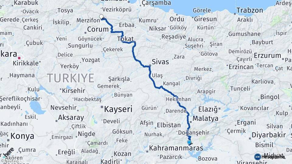 Adıyaman Merzifon Amasya Arası Kaç Km - Yol Haritası