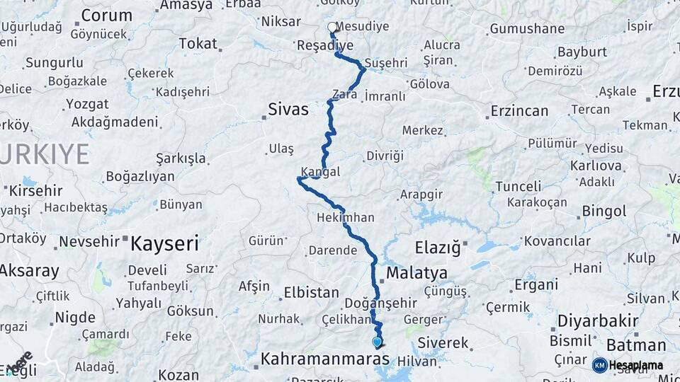 Adıyaman Mesudiye Ordu Arası Kaç Km - Yol Haritası