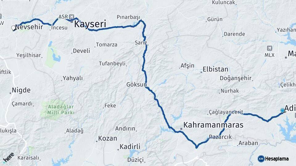 Adıyaman Nevşehir Arası Kaç Km - Yol Haritası