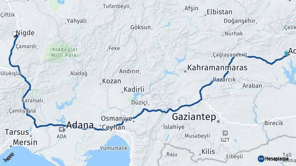 Adıyaman Niğde Arası Kaç Km - Yol Haritası