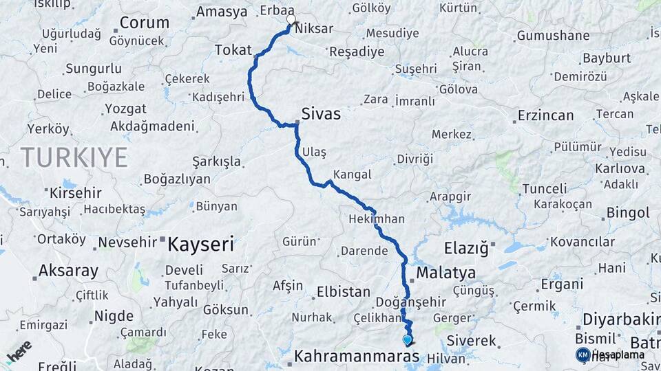 Adıyaman Niksar Tokat Arası Kaç Km - Yol Haritası