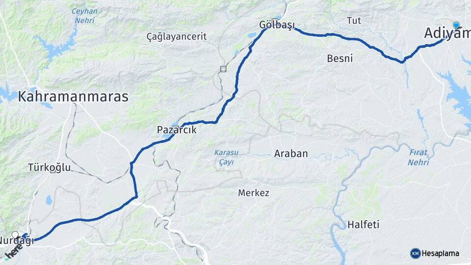 Adıyaman Nurdağı Gaziantep Arası Kaç Km - Yol Haritası