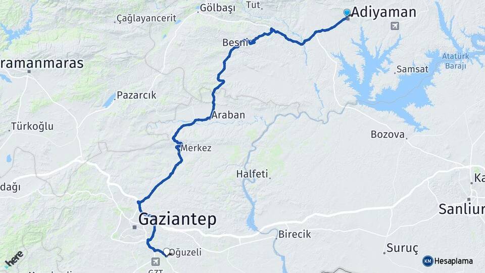 Adıyaman Oğuzeli Gaziantep Arası Kaç Km - Yol Haritası