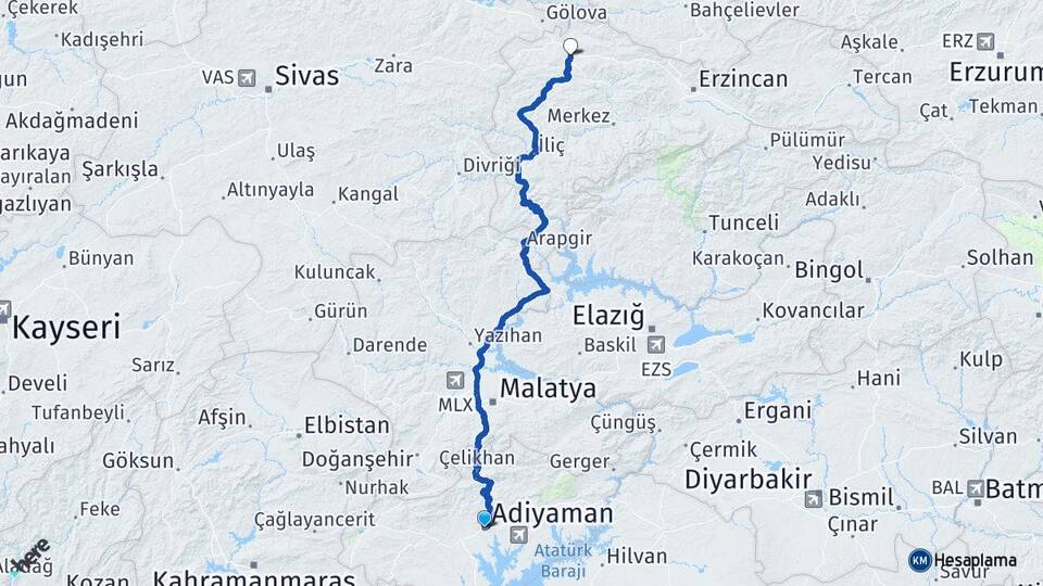 Adıyaman Refahiye Erzincan Arası Kaç Km - Yol Haritası