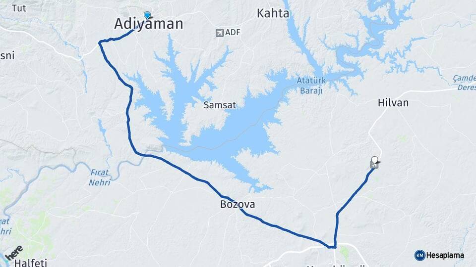 Adıyaman Ş.Urfa GAP Havalimanı Arası Kaç Km - Yol Haritası