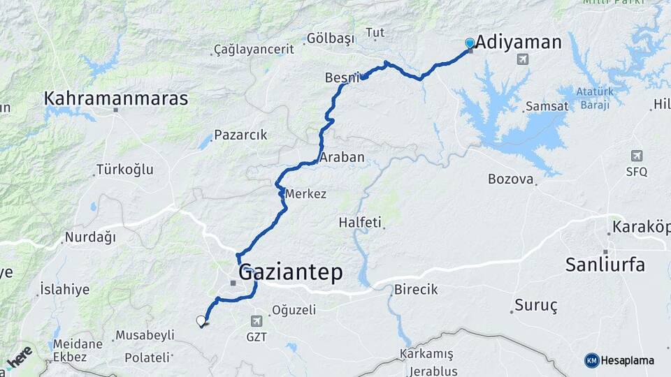Adıyaman Şahinbey Gaziantep Arası Kaç Km - Yol Haritası