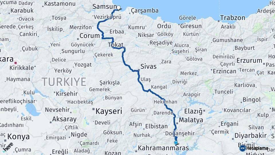 Adıyaman Samsun Arası Kaç Km - Yol Haritası