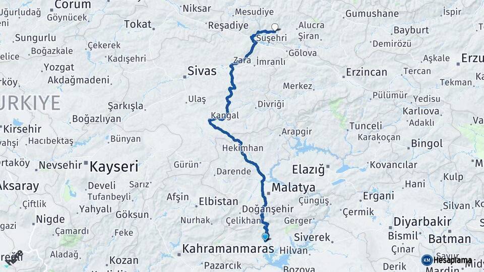 Adıyaman Şebinkarahisar Giresun Arası Kaç Km - Yol Haritası