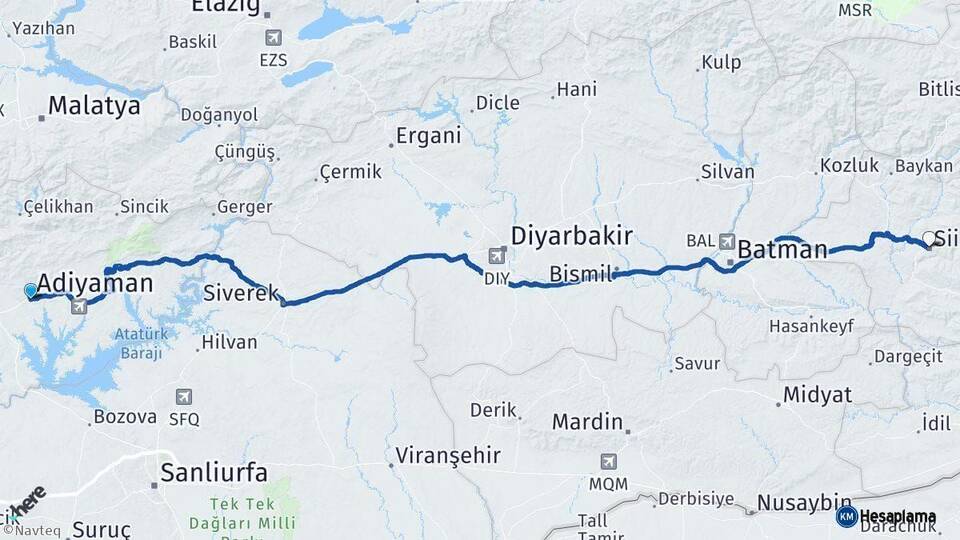Adıyaman Siirt Arası Kaç Km - Yol Haritası